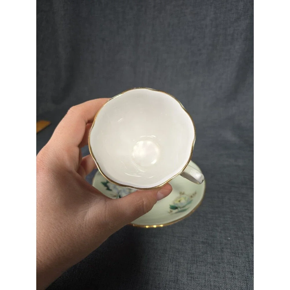 Colclough Cup and Saucer Green with White Roses Tea Coffee Cottagecore Cute